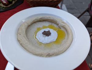 Hummus with truffle at Aubergine in Bucharest
