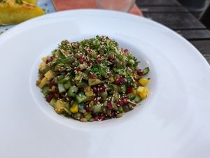 Lentil salad with mango and pomegranate at Aubergine in Bucharest