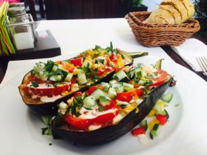 Vegan eggplant (only vegan main). it was hearty and delicious!  at Aubergine in Bucharest