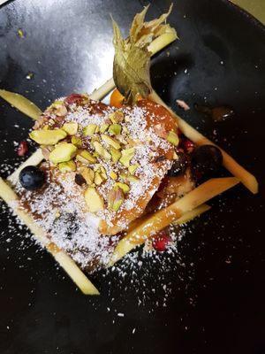 Amazing and unique halva-parfait dessert at Aubergine in Bucharest