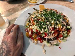 'aubergine' (egg plant) with cucumber topping at Aubergine in Bucharest