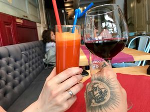 carrot juice & cabernet red wine from brasov at Aubergine in Bucharest