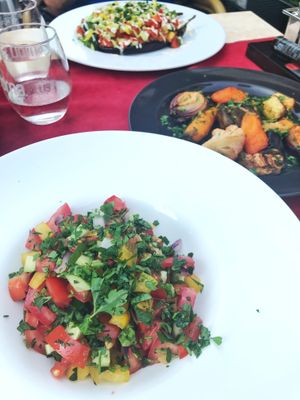 Salad, Roasted Veggies and Vegan Eggplant Entree.   at Aubergine in Bucharest
