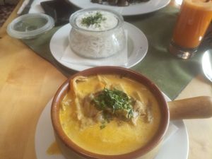 Delicious oyster mushrooms and rice at Aubergine in Bucharest