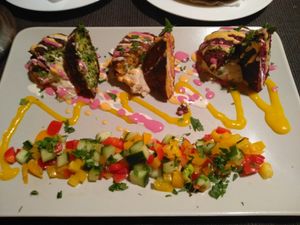 Three types of falafel witg humnus and salad at Aubergine in Bucharest