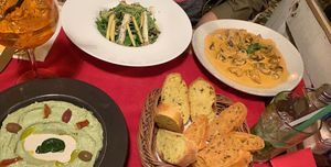 Hummus, bread, salad & mushrooms at Aubergine in Bucharest