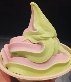 Strawberry and Green Tea swirl at Yoga-urt in Glendale