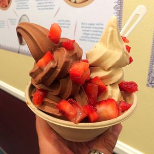Vegan salted caramel and chocolate almond milk soft serve with strawberries  at Yoga-urt in Glendale