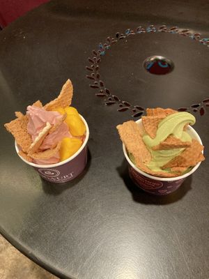 Matcha and strawberry in small cups  at Yoga-urt in Glendale