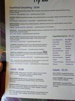 Menu at Thrive in Boulder
