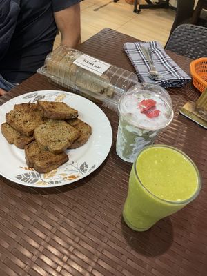 Banana bread, green smoothie and matcha strawberryy  at Wellnessland Vegetarian Cafe in Cebu