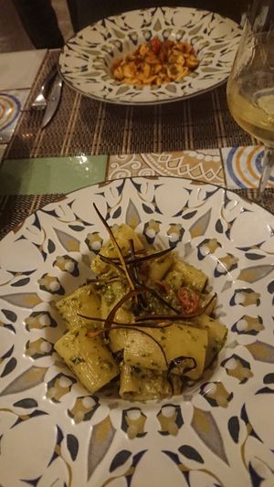 Paccheri con pesto di Basilico e melanzane fritte at Ma va' in Rome