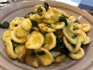 Orecchiette con cime di rapa, castagne e pane profumato at Ma va' in Rome