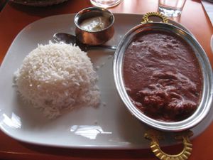 Vegan tikka masala, raita and rice at Holy Cow - Soder in Stockholm