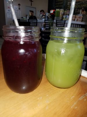 Jamaica on the left and Cucumber lemonade on the right. Both very delicious!  at Greens & Lemons in Mission