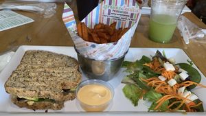 Super friendly staff and the food was so delicious! They bring you a complementary hummus w salsa as well. I ordered their veggie sandwich with sweet potato fries and a side salad at Greens & Lemons in Mission