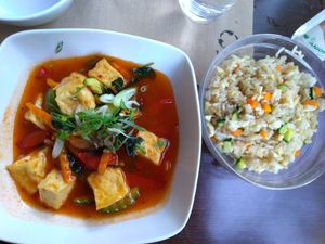 Tofu au basilic sauce piquante et riz cantonais végétalien at La Baie du Dragon in Marseille