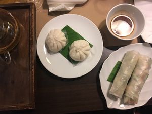 Starters with tea in a nice teapot and spring rolls and Banh bao at La Baie du Dragon in Marseille