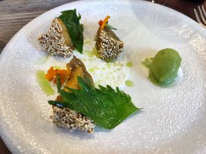 Vegan starter (eggplant) at La Table du Marche in Bergerac