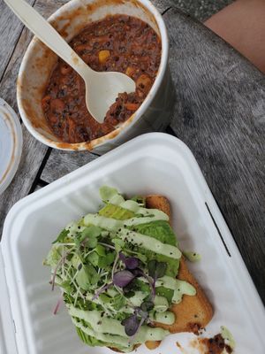 The green godess toast with lentil soup . Sooooo yummy together at The Green Cat in Virginia Beach