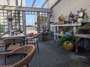 Their beautiful patio area next to the parking lot at The Green Cat in Virginia Beach
