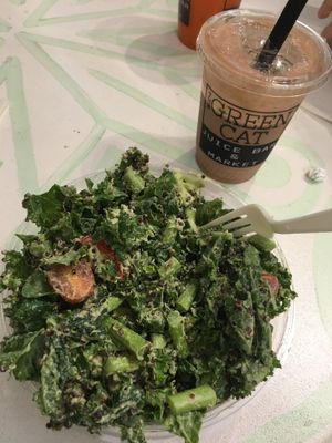 Kale pesto salad & traveling yogi smoothie at The Green Cat in Virginia Beach