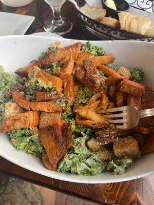 Kale Caesar salad with an add of Buffalo Satan! Huge, stuffed and took half home. Yum at 3 Brothers Vegan Cafe in Copiague