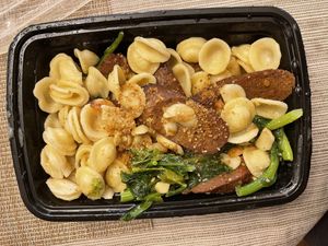 orecchiette with vegan italian sausage and broccoli rabe… this was so good  at 3 Brothers Vegan Cafe in Copiague
