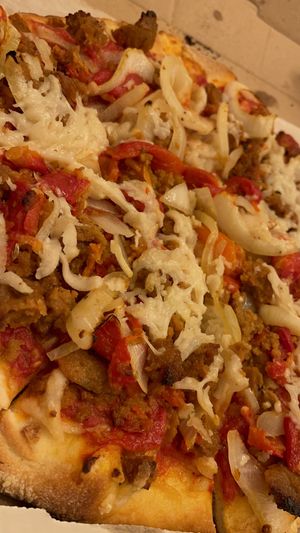 Sausage pepper and onion pizza   at 3 Brothers Vegan Cafe in Copiague