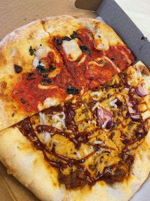 Half bbq Jack fruit pizza half Margherita pizza   at 3 Brothers Vegan Cafe in Copiague