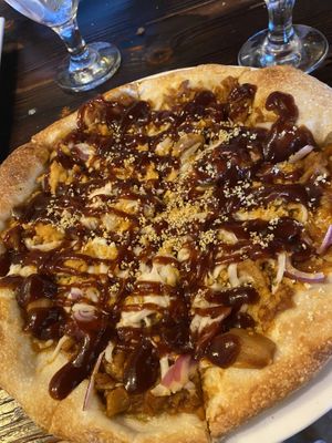 Barbecue jackfruit pizza  at 3 Brothers Vegan Cafe in Copiague