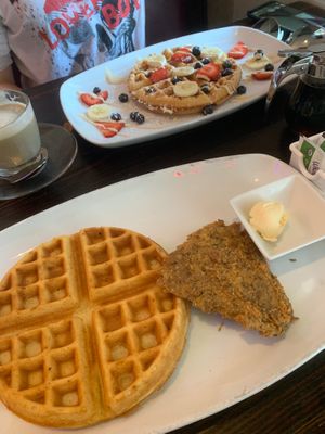 waffle and chicken at 3 Brothers Vegan Cafe in Copiague