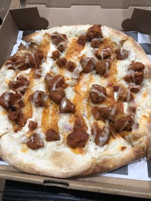 Buffalo chicken pizza this was bomb I thought it was real chicken  at 3 Brothers Vegan Cafe in Copiague