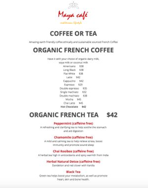 Drinks Menu at Maya Cafe at Maya Cafe in Hong Kong Island