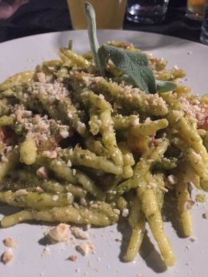 Trofie (a kind of pasta) with basil and sage pesto, pieces of pear and tomato  at Lizard in Rome