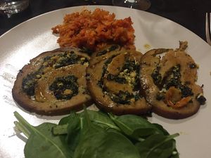 St Valentine's menu, second  course: rollè di seitan con patate arrosto, qui con verza stufata (seitan roll with roasted potatoes, here with stewed Savoy cabbage) at Lizard in Rome