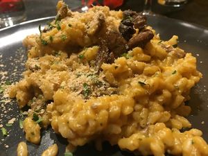 St Valentine's menu, first course: risotto con porcini e zucca (porcini and pumpkin risotto) at Lizard in Rome