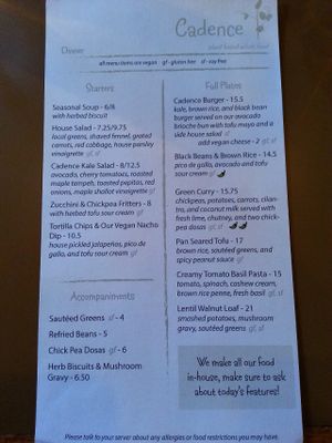 Dinner menu at Cadence, March 2017. at Cadence in Guelph