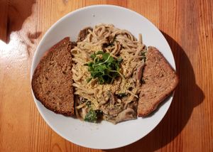 Whole wheat pasta with a creamy mushroom spinach sauce and garlic toast. Valentine's Day dinner 2019. at Cadence in Guelph