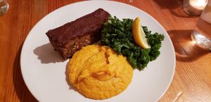 Lentil walnut loaf with mashed sweet potatoes and steamed kale. Valentine's Day dinner 2019. at Cadence in Guelph