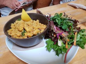 Broccoli mac and cheese with a side salad at Cadence in Guelph