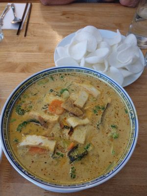 Vegan laksa and vegan 'prawn' crackers at Mai Kitchen in Ferryden Park