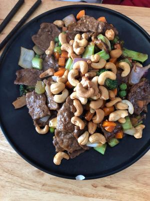 Vegan beef and cashew nut stirfry at Mai Kitchen in Ferryden Park