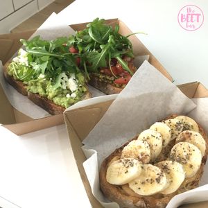 $7 toasts available all day every day / sourdough or gluten free bead available / vegan options available - just ask!
(please note: gluten free bread contains egg white powder and pesto contains parmesan cheese) at The Beet Bar in Townsville