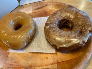 NV salted caramel and vegan espresso glazed.  at Vortex Doughnuts in Asheville