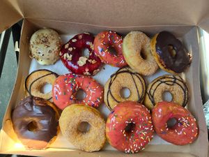 bakers dozen with an assortment of yeast donuts at Vortex Doughnuts in Asheville