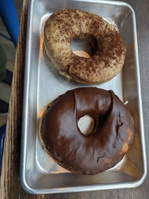 Vegan espresso cake and vegan yeasted chocolate glazed at Vortex Doughnuts in Asheville