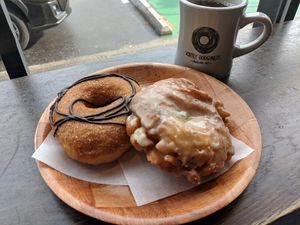 Vortex and apple fritter at Vortex Doughnuts in Asheville