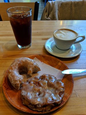 Glazed donit and apple fritter at Vortex Doughnuts in Asheville