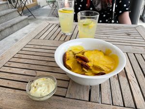 Homemade Mayo for their gorgeous sweet potato slices with vegan cheddar.  at Beet in Luxembourg City